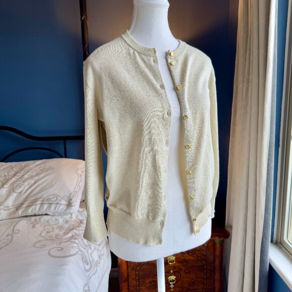Nine West Light Gold Cotton Blend Metallic Buttoned Cardigan - Picture 5 of 13